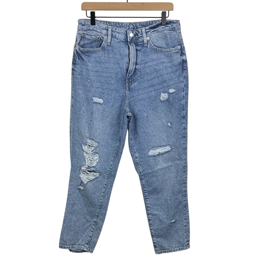 H&M High Waist Distressed Mom Jeans Women's 12 Light Blue Washed Ripped Denim